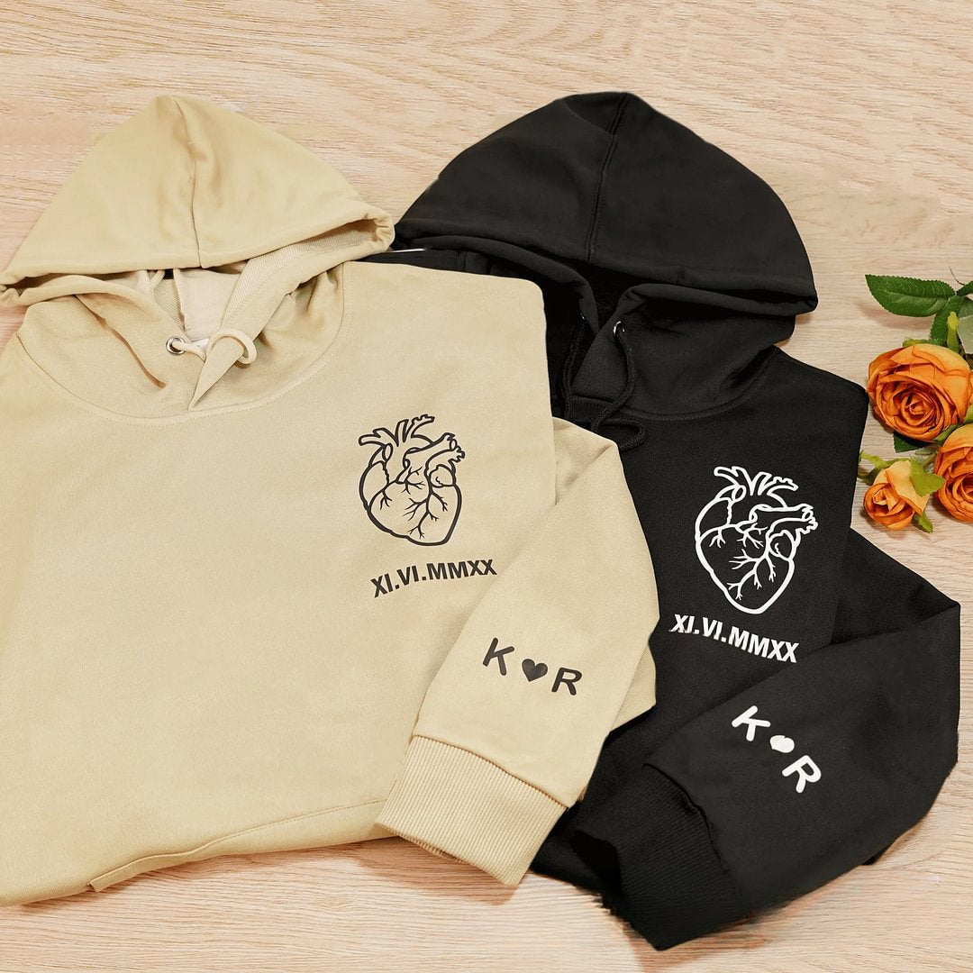 Custom Couple Matching Heart Hoodie Personalized Roman Numerals Hoodie Gift For Couple