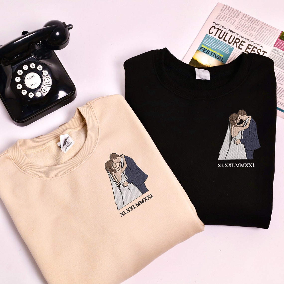 Embroidered Couple Portrait Sweatshirt Personalized Couple Photo with Roman Numerals Sweatshirt Gift for Anniversary