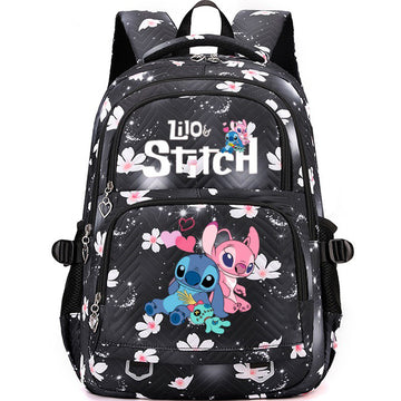 Black Stitch Pattern Backpack with Multi-Compartment Trendy Bookbag For School