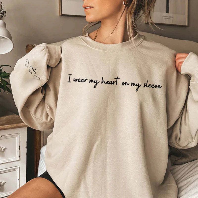 Custom Mama Sweatshirt I Wear My Heart On My Sleeve with Kids Name on Sleeve Mom Sweatshirt