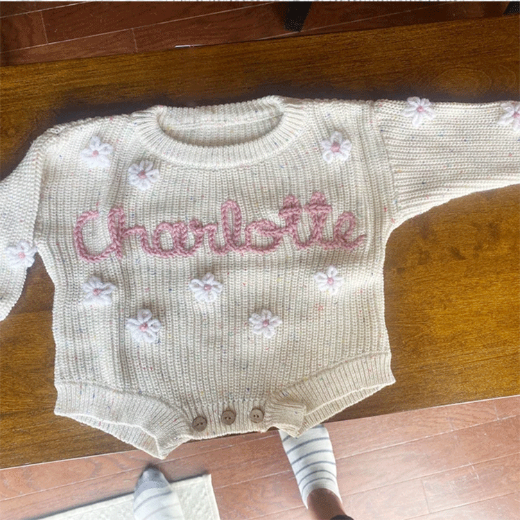 Custom Baby Knit Bodysuit Personalized Hand Embroidered Name Baby Romper
