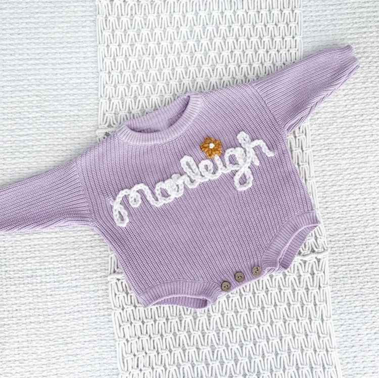 Custom Baby Knit Bodysuit Personalized Hand Embroidered Name Baby Romper