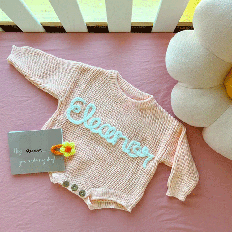 Custom Baby Knit Bodysuit Personalized Hand Embroidered Name Baby Romper