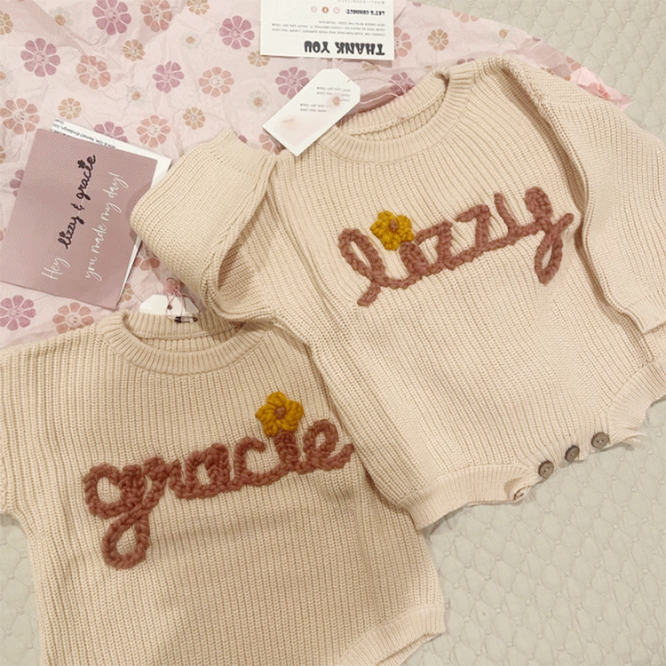 Custom Baby Knit Bodysuit Personalized Hand Embroidered Name Baby Romper