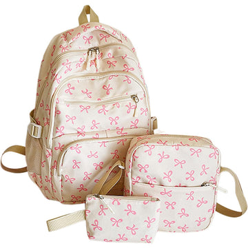 3 Pcs Bow Printed Backapck School Bookbag Set with Lunch Bag & Pen Case For Teen