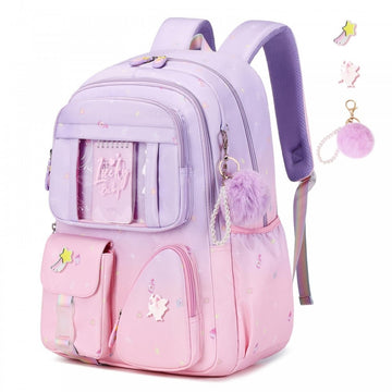 Girls Kawaii Gradient Color Backpack with Multi-Pocket - School Bookbag with Keychian for Grades 3–8