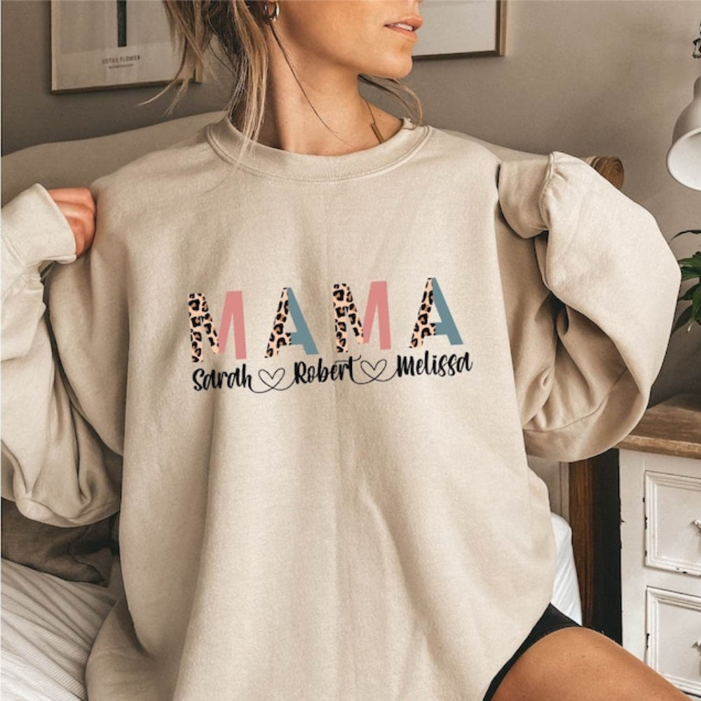 Personalized Leopard Print Mama with Kid Names Sweatshirt Gift for Mother's Day