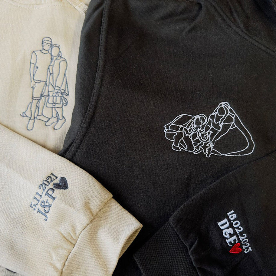 Custom Embroidery Family Hoodie Couple Portrait Outline from Photo Hoodie Unique Gift for Family