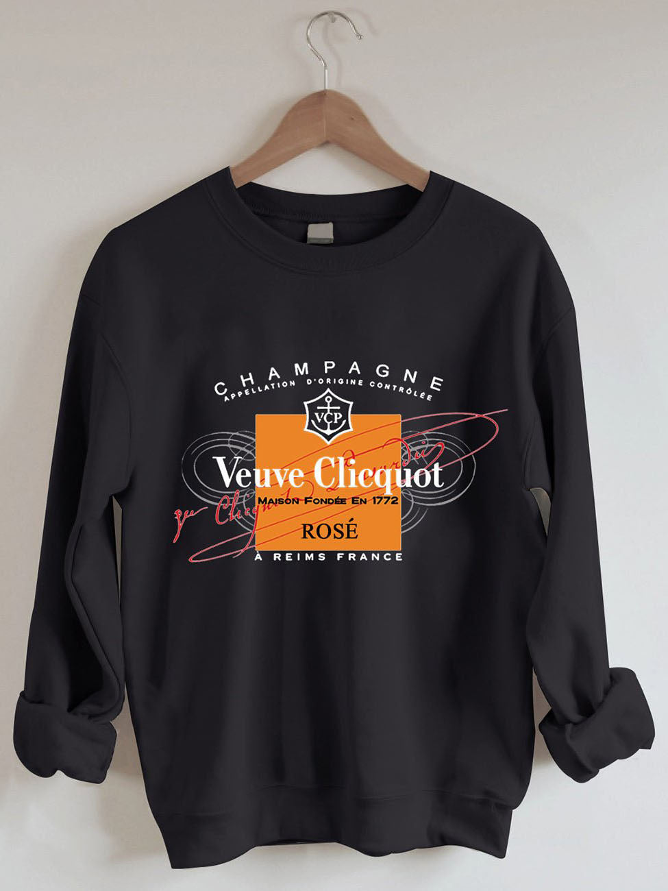Women's Black Champagne Veuve Rose Crewneck Sweatshirt