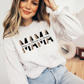 Custom Mom Sweatshirt Minimalist Leopard Mama with Kids Name Sweatshirt Gift for Mother's Day