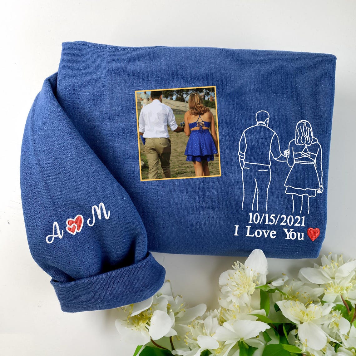 Custom Couple Outline Hoodie Embroidery Family Portrait from Photo Hoodie Unique Gift for Dad & Family