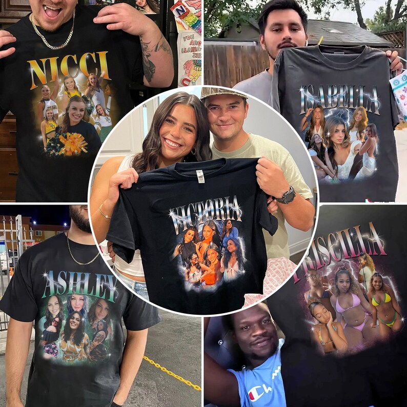 Vintage Bootleg Tee Custom Multi-Photo with Text Printed T-Shirt Personalized Gift for Friends