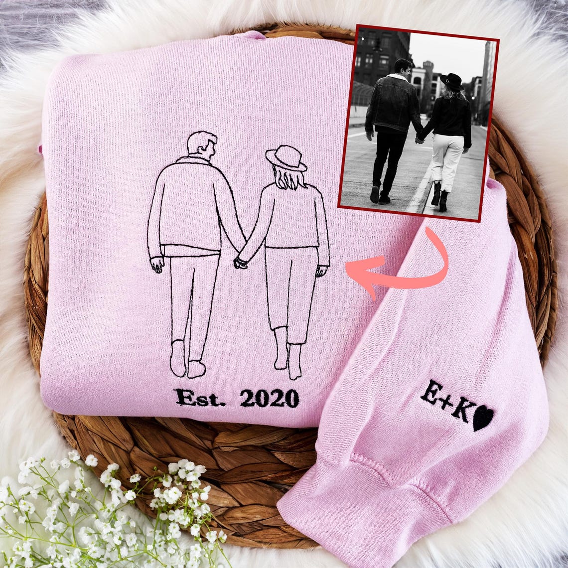 Personalized Couple Hoodie Customized Embroidered Photo Portrait Outline Hoodie Unique Gift for Family & Lovers