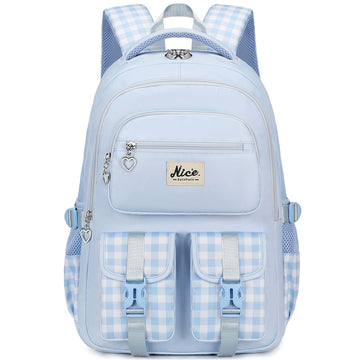 Waterproof Nylon Backpack Plaid School Bookbag For 1-6 Grade Girls
