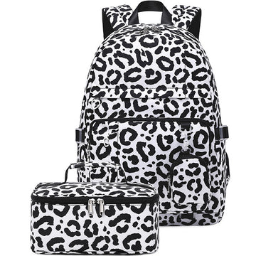 3 Pcs Girls' Leopard Backpack Set with Lunch Bag & Coin Purse for Grades 3–8