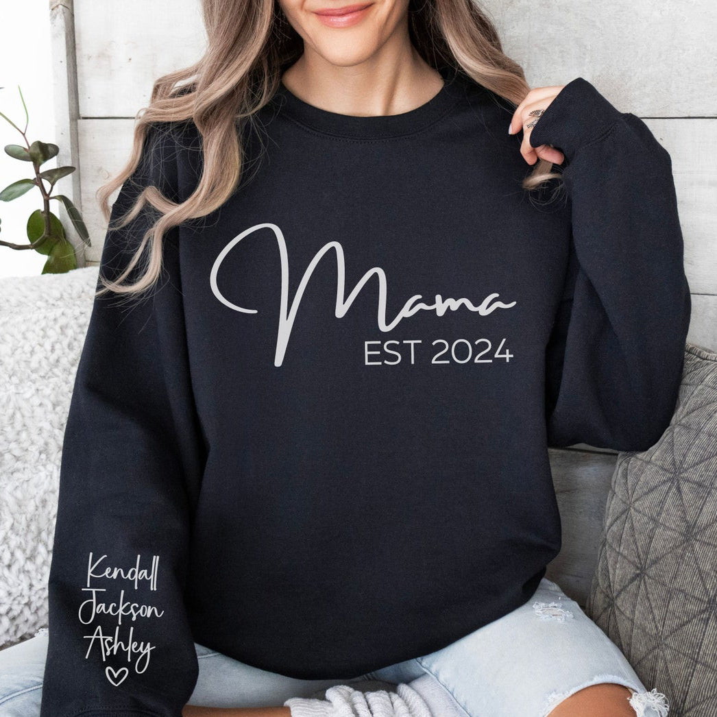 Personalized Mama Sweatshirt with Kids Name on Sleeve Unique Mom Est Gift for Mother's Day