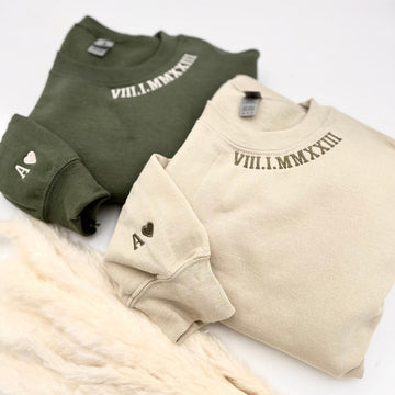 Custom Embroidered Neckline Roman Numeral Sweatshirt with Initial On Sleeve Anniversary Gift for Couple & Friend