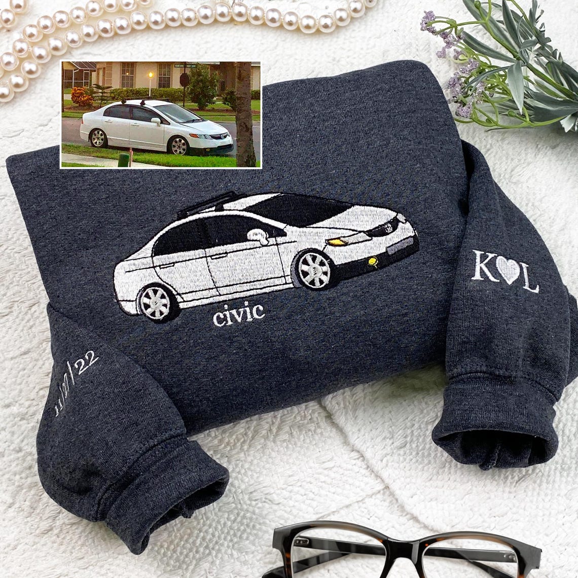 Custom Embroidered Car Sweatshirt Personalized Car Photo Portrait Pullover Gift