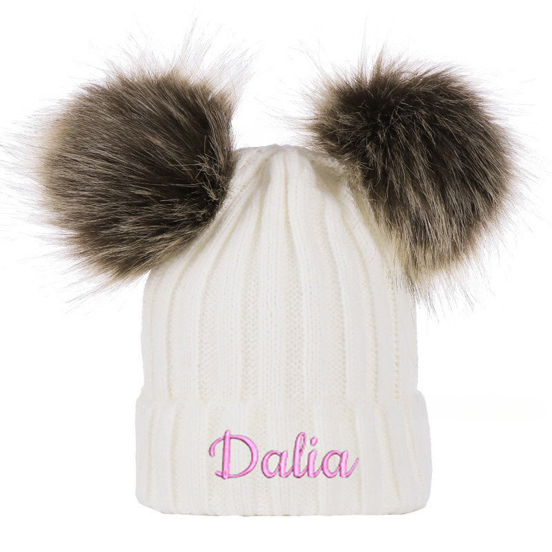 Custom Beanie Personalized Embroidered Name Faux Fur Double Pom Pom Beanie