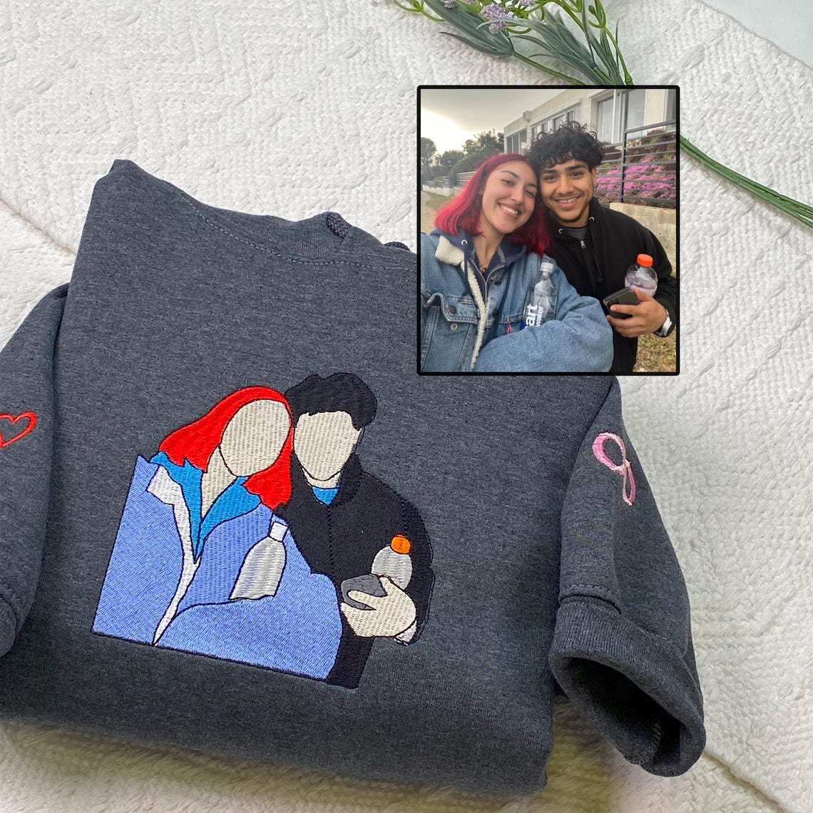 Custom Embroidery Hoodie Personalized Couple Portrait from Photo Hoodie Unique Gift for Lover & Family
