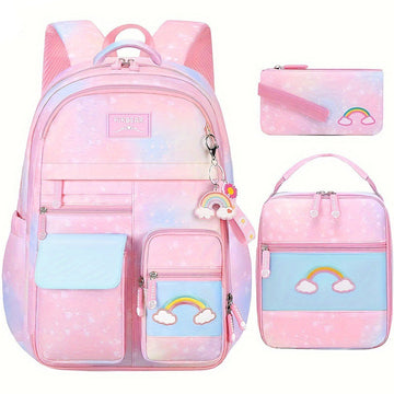 3Pcs Kids Backpack For Girls Cute Rainbow Backpack With Lunch Bag Pen Bag Set