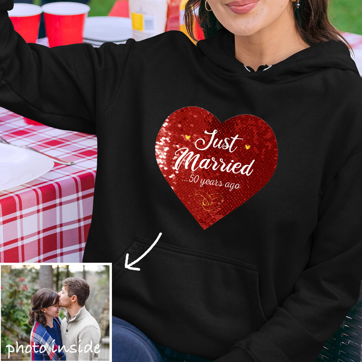 Custom Sequin Hoodie Personalized Flip Sequin Heart Photo & Text Pullover Gift for Couple & Family