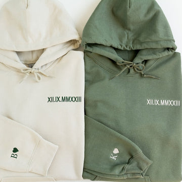 Customized Embroidered Roman Numerals Hoodie with Text on Sleeve Couple Gift for Lovers