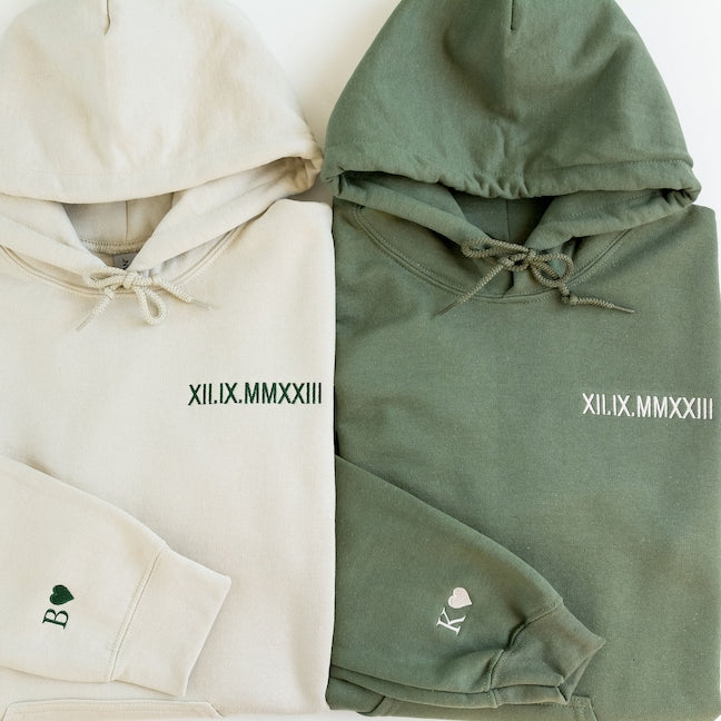 Customized Embroidered Roman Numerals Hoodie with Text on Sleeve Couple Gift for Lovers