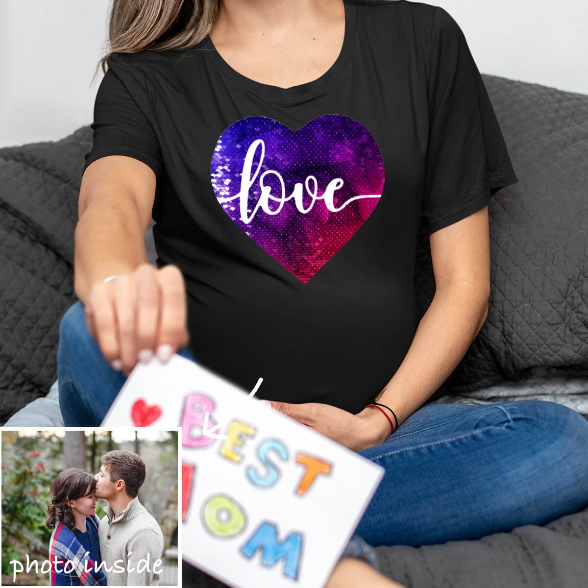 Flip Sequin Shirt Personalized Sequin Heart-Shaped Couple Photo T-Shirt Unique Love Theme Gift for Family