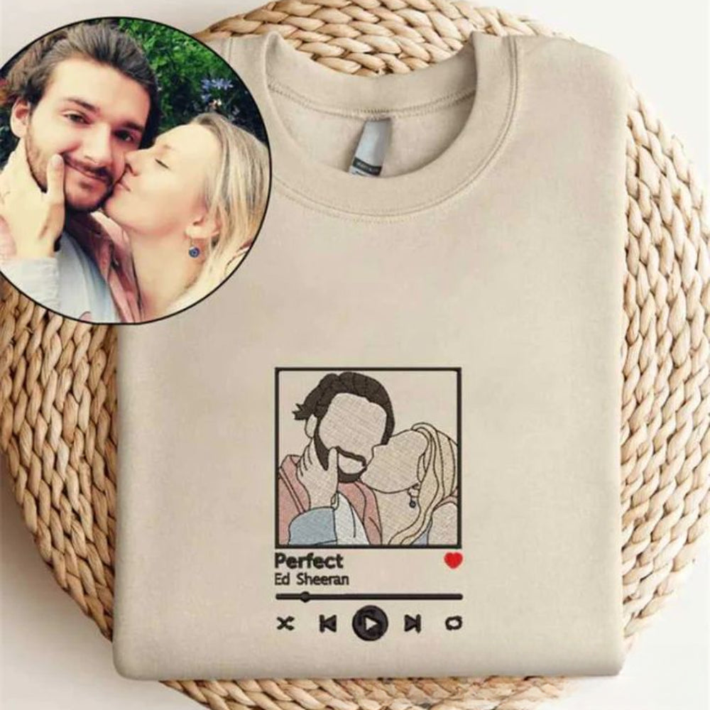 Embroidered Portrait from Photo Couple Favorite Song Sweatshirt Custom Gift for Lover