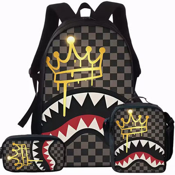 3pcs Camo Shark Backpack Set Casual Daypack With Lunch Bag