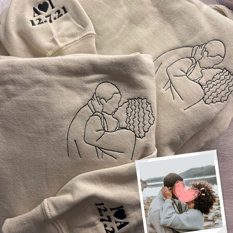 Custom Couple Hoodie Embroidered Couple Outline Portrait from Photo Hoodie Unique Gift for Couple