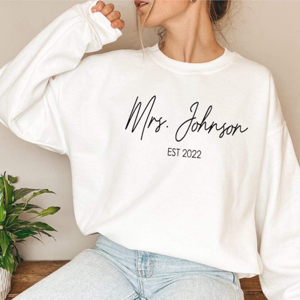 Custom Engagement Sweatshirt Future Mrs. Est Year Printed Sweatshirt Personalized Gift for Couple & Lover