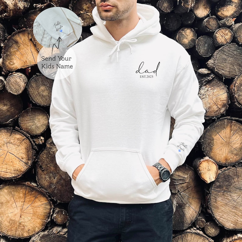 Custom Dad Hoodie Personalized Papa Pullover with Kids Names on Sleeve Gift for Father's Day