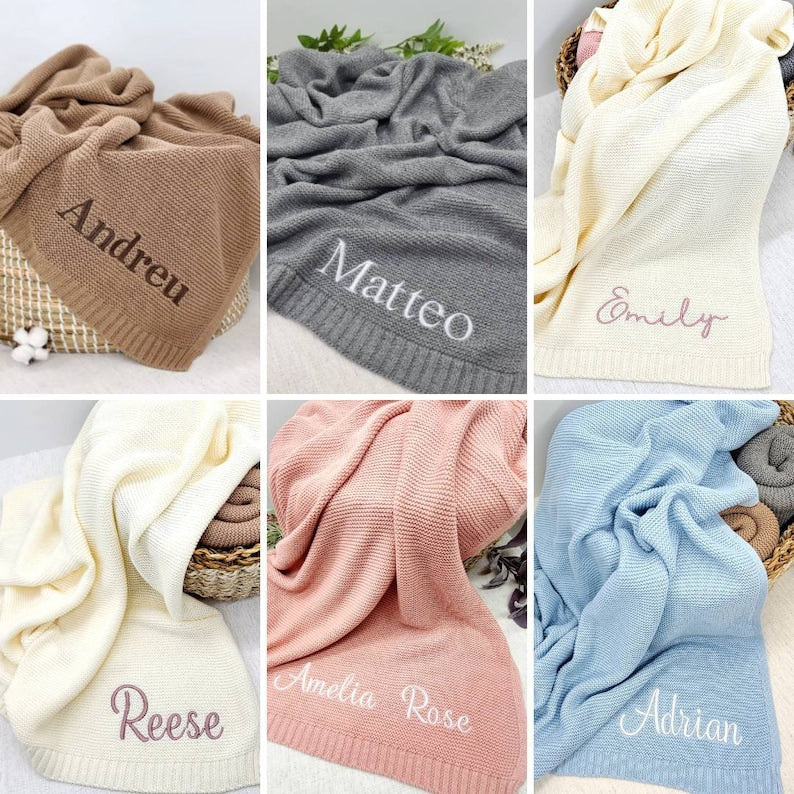 Knit Baby Blanket Breathable Embroidered Newborn Baby Name Stroller Blanket