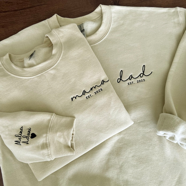 Custom Embroidered Mama Sweatshirt Personalized Dad Est Year Sweatshirt with Names on Sleeve