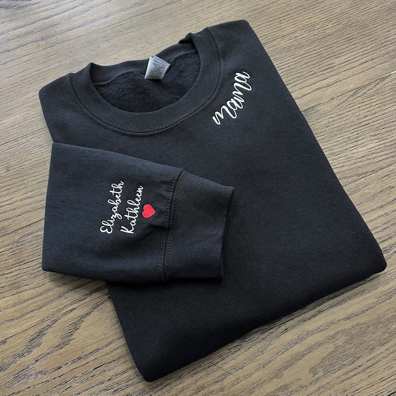 Custom Embroidered Mama Sweatshirt with Kids Names On Sleeve Best Mom Sweatshirt Gift for Friend & Family