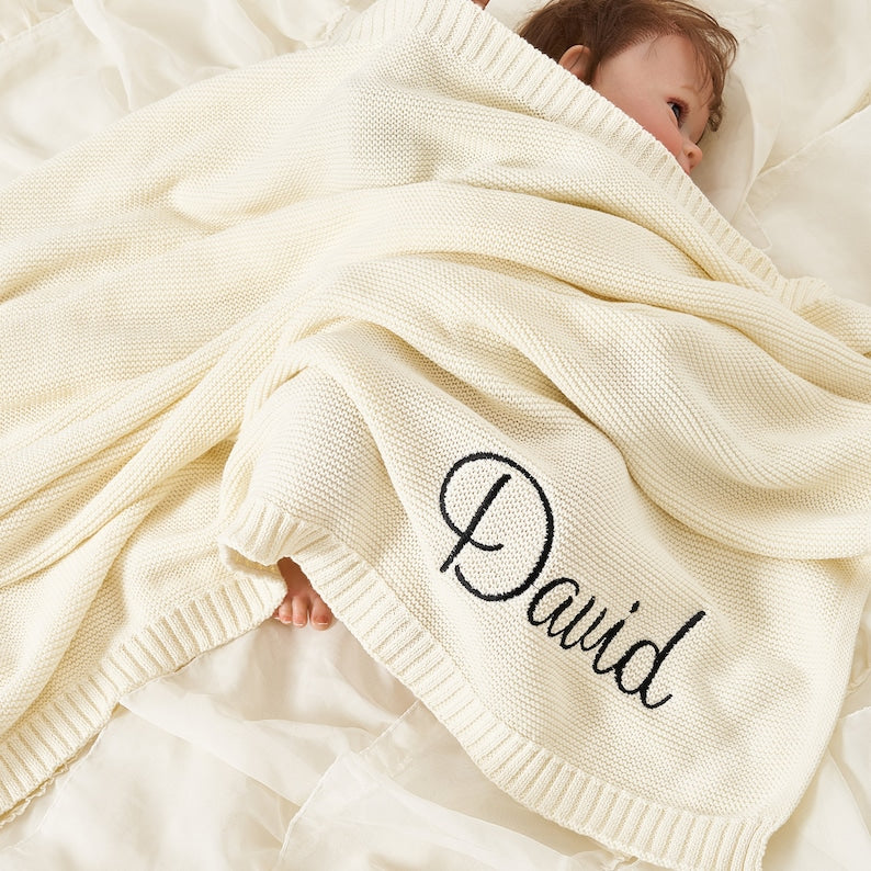 Embroidered Newborn Blanket Custom Breathable Cotton Knit Baby Name Blanket