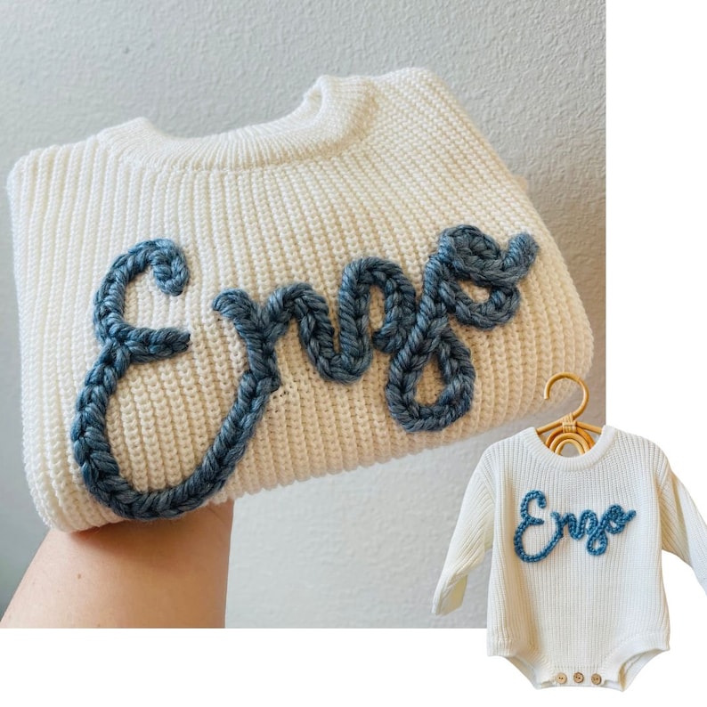 Custom Baby Bodysuit Sweater Hand Embroidered Name Baby Knitted Onesie