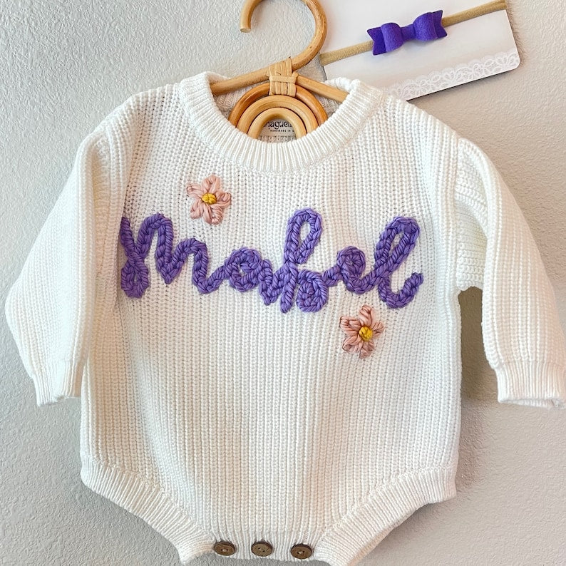 Embroidered Baby Romper Custom Knit Baby Name Bodysuit Gift for Newborn