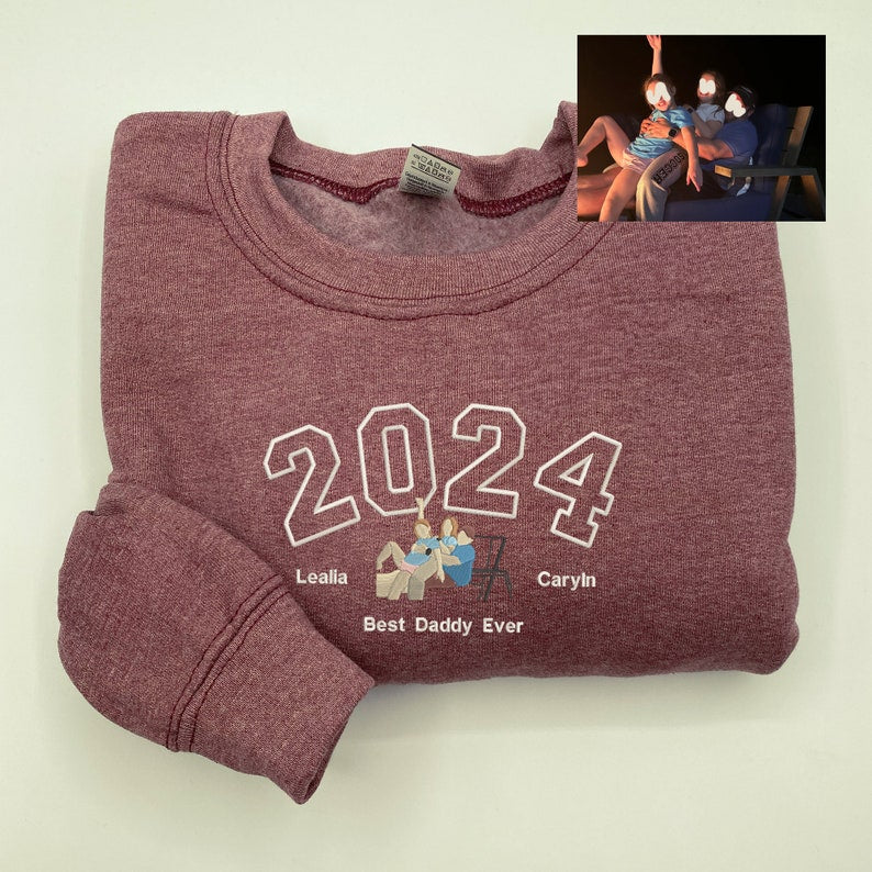 Custom Embroidered Dad Sweatshirt Family Portrait from Photo with Year Sweatshirt Gift for Father's Day