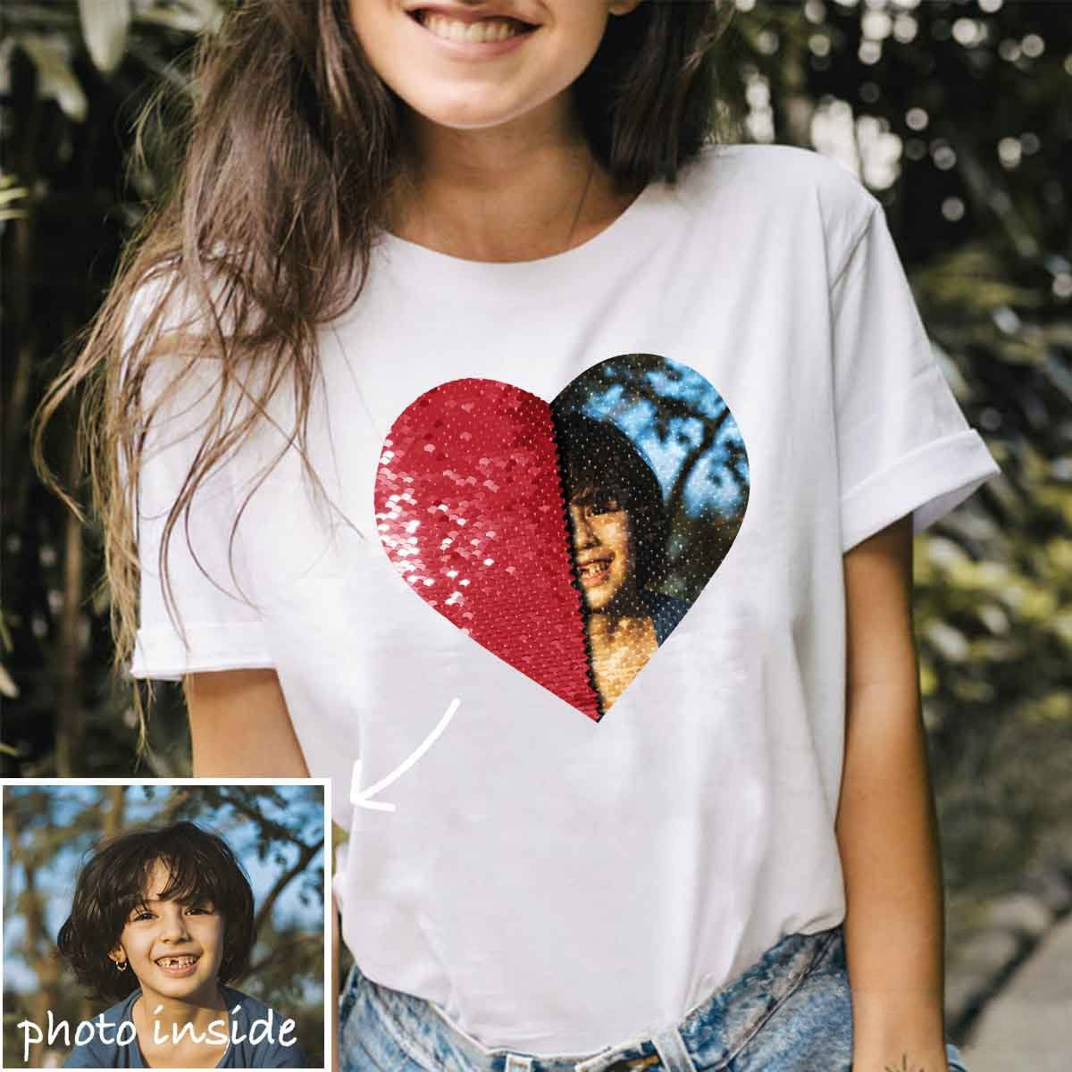 Custom Heart-Shape Flip Sequin with Photo Inside T-Shirt