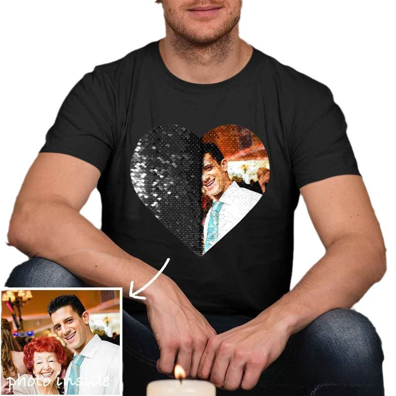 Custom Heart-Shape Flip Sequin with Photo Inside T-Shirt
